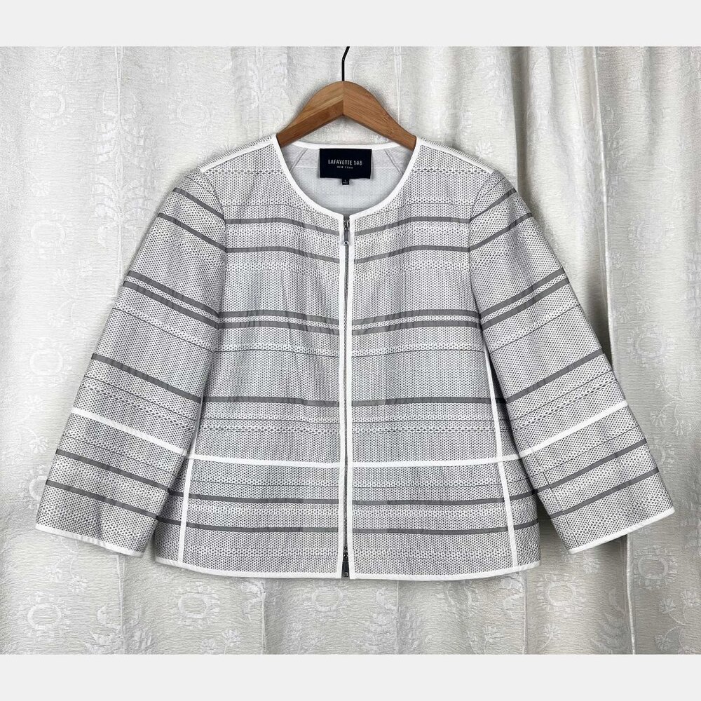 Lafayette 148 NY white gray basketweave stripe cotton blend full-zip jacket